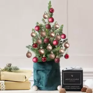 Medium Christmas Tree with 28 Dark Red & Rose Gold baubles & 12 Mixed Truffles