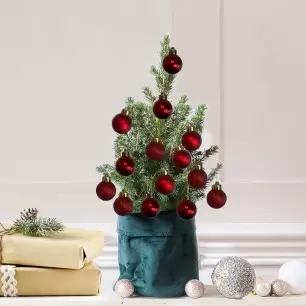 Tiny Christmas Tree with 14 Dark Red Baubles
