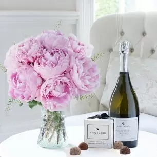 Pink Peonies, Prosecco & 6 Mixed Truffles