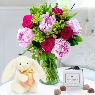 Pomegranate Rose & Peony, Jellycat® Bashful Bunny with Present (18cm) & 6 Appleyard Mixed Truffles
