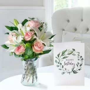 Simply Pink Rose & Lily & Birthday Card