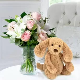 Simply Pink Rose & Lily & Jellycat® Bashful Toffee Puppy