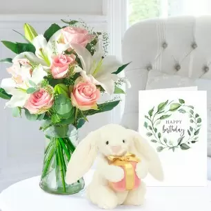 Simply Pink Rose & Lily, Jellycat® Bashful Bunny with Present (18cm) & Birthday Card