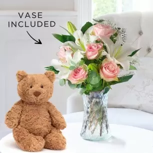 Simply Pink Rose & Lily, Vase & Medium Bartholomew Bear