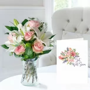 Simply Pink Rose & Lily, Vase & Get Well Card