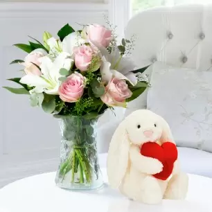 Simply Pink Rose & Lily, Vase & Jellycat Bashful Love Heart Bunny