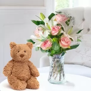 Simply Pink Rose & Lily, Vase & Medium Bartholomew Bear (28cm)