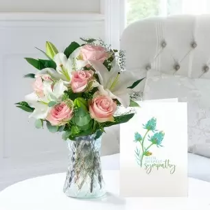 Simply Pink Rose & Lily, Vase & Sympathy Card