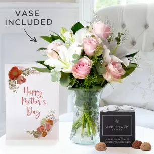 Simply Pink Rose & Lily, Vase, 12 Mixed Truffles & Happy Mother's Day Card