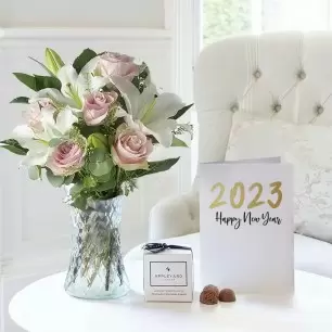 Simply Pink Rose & Lily, Vase, 6 Mixed Truffles & New Card