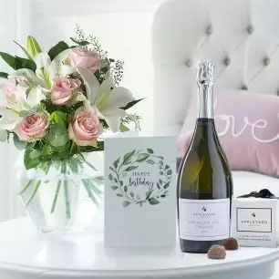 Simply Pink Rose & Lily, Prosecco, 6 Mixed Truffles & Birthday Gift Card