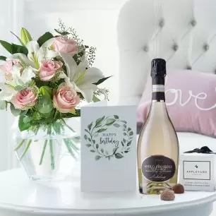 Simply Pink Rose & Lily, Prosecco, 6 Mixed Truffles & Birthday Gift Card