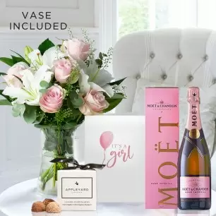 Simply Pink Rose & Lily, Moët Rosé, 6 Mixed Truffles, Vase & New Baby Girl Card