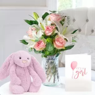 Simply Pink Rose, Jellycat Lilac Bunny & Baby Girl Card