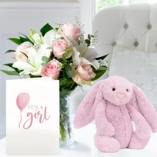 Simply Pink Rose, Jellycat Lilac Bunny & Baby Girl Card