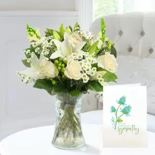 Simply White Rose & Lily, Vase & Sympathy Card