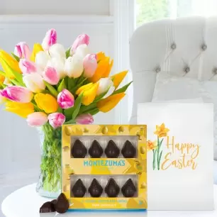 Springtime Tulips, Easter Dark Chocolate Chicks (90g) & Happy Easter Card