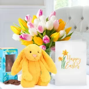 Springtime Tulips, Easter Milk Chocolate Chick & Buttons (100g), Jellycat Bashful Sunshine Bunny & Happy Easter Card