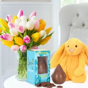 Springtime Tulips, Milk Chocolate Chick & Buttons (100g) & Jellycat Bashful Sunshine Bunny 