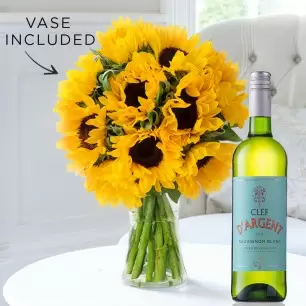 Summer Sunflowers, Vase & Clef D'argent Wine (75cl)