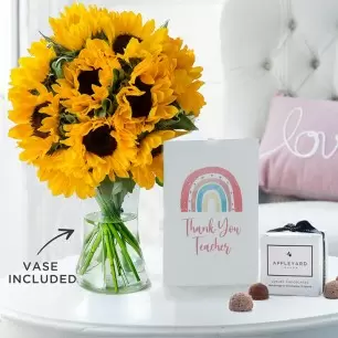Summer Sunflowers, Vase, 6 Mixed Truffles & Thank You Teacher Card