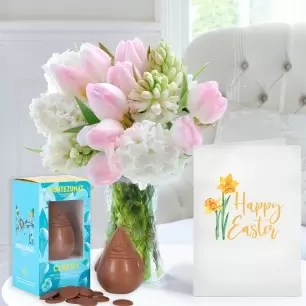 Tulips & Hyacinths, Easter Milk Chocolate Chick & Buttons (100g) & Happy Easter Card