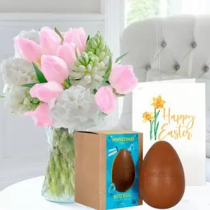 Tulips & Hyacinths, Eco Easter Milk Chocolate Egg (150g) & Happy Easter Card