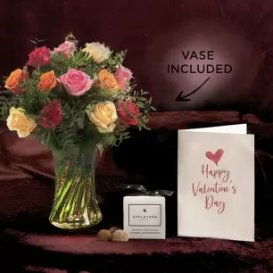 Valentine's Mixed Rose, 6 Mixed Truffles, Vase & Valentine's Card