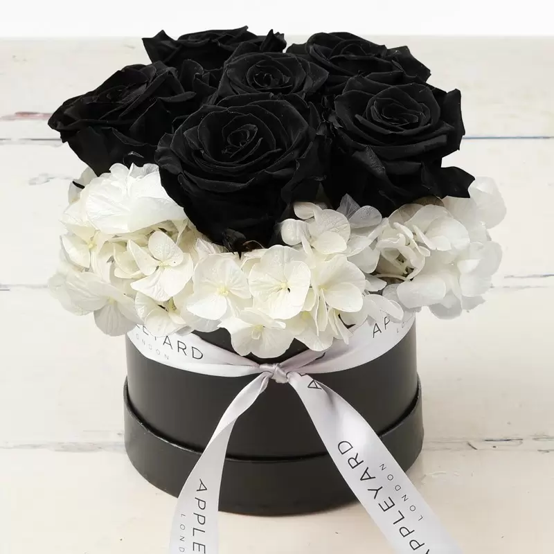 Black Rose & White Hydrangea Hatbox (Lasts Up To A Year)