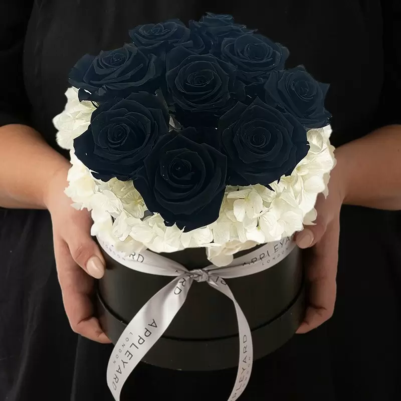 Black Rose & White Hydrangea Hatbox (Lasts Up To A Year)