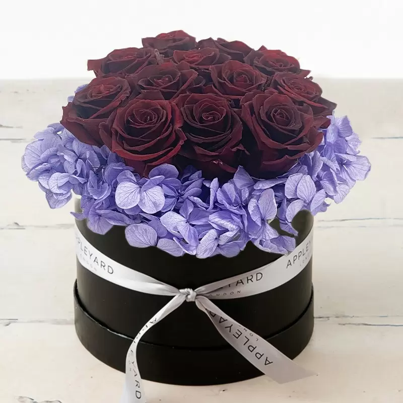 Burgundy Rose & Lavender Hydrangea Hatbox (Lasts Up To A Year)