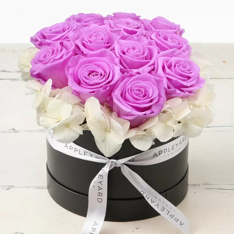 Lilac Rose & White Hydrangea Hatbox (Lasts Up To A Year)