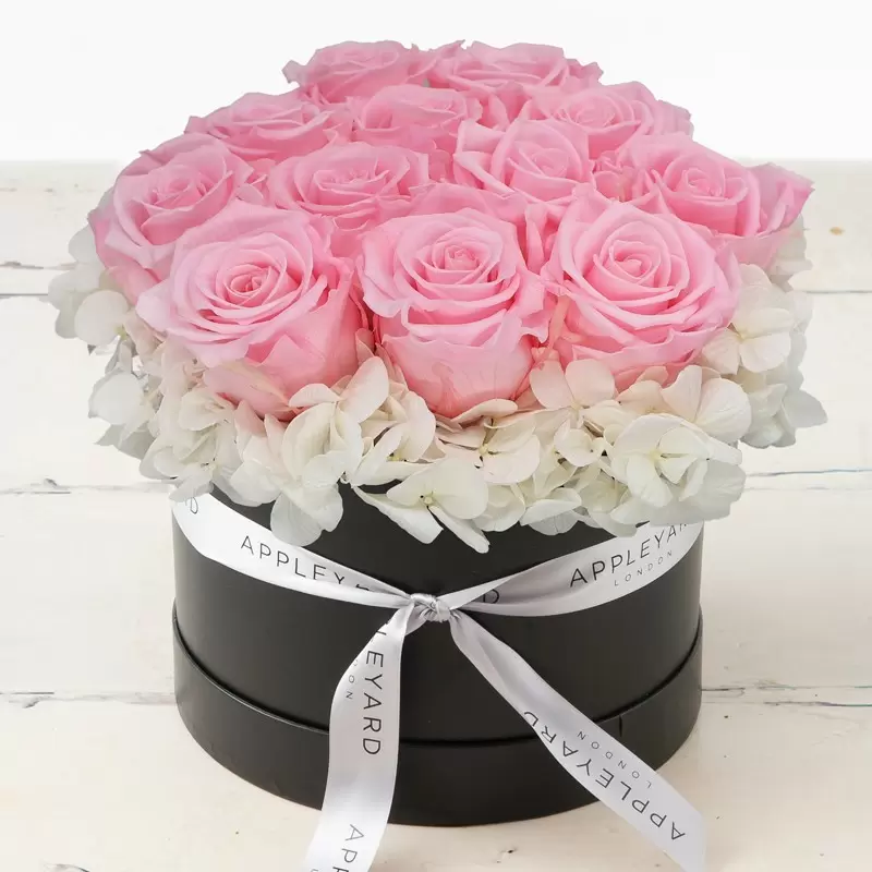 Pink Rose & White Hydrangea Hatbox (Lasts Up To A Year)
