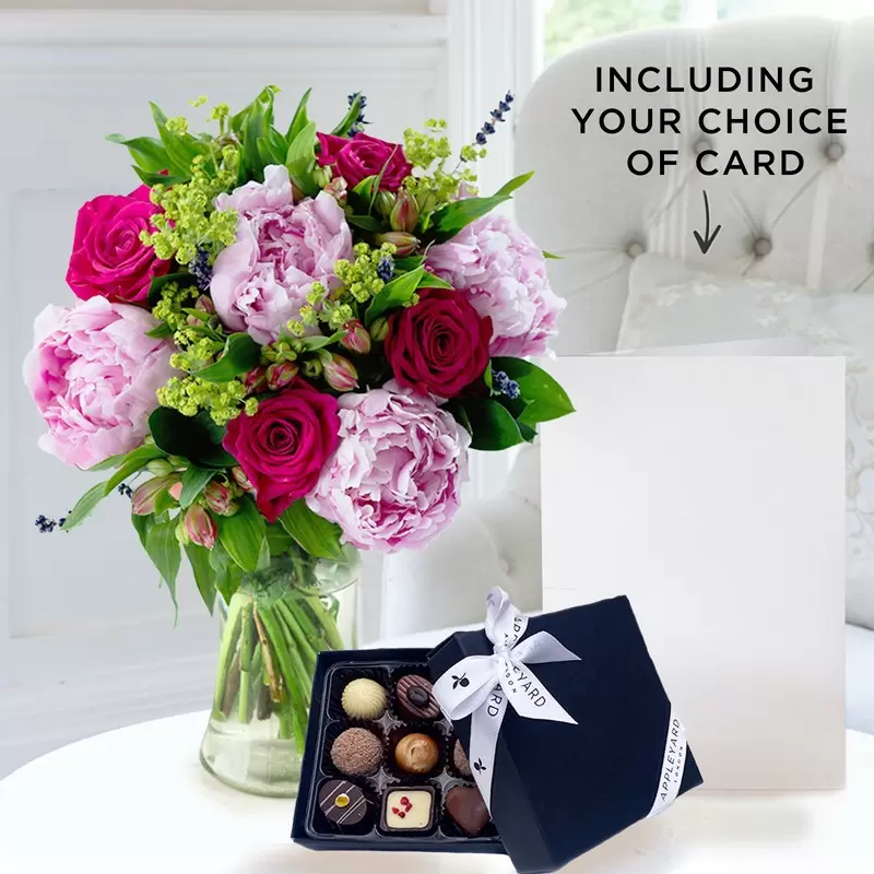 Pomegranate Rose & Peony, 9 Luxury Chocolates & Free Card