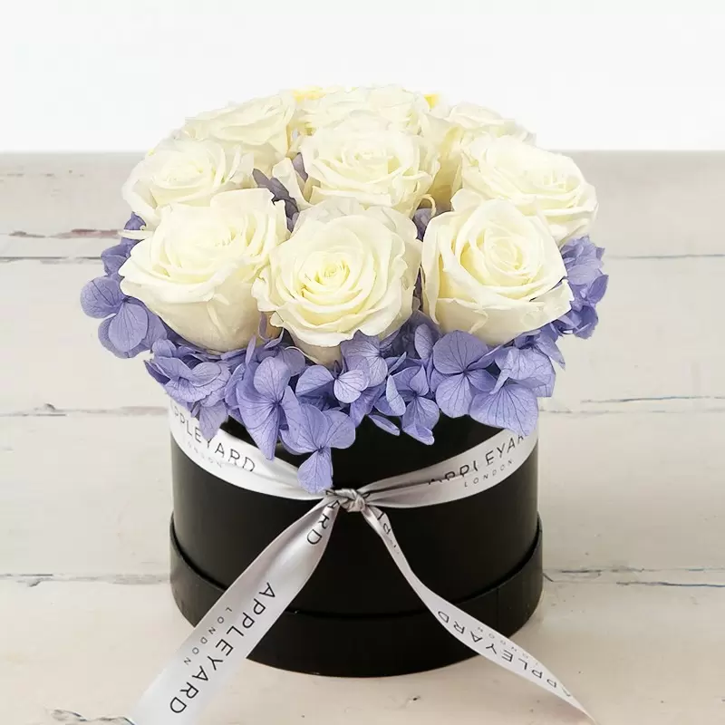 White Rose & Lavender Hydrangea Hatbox (Lasts Up To A Year)