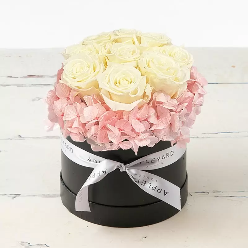 White Rose & Pink Hydrangea Hatbox (Lasts Up To A Year)