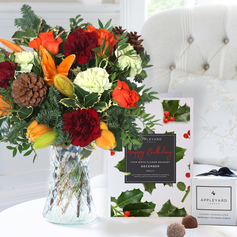 Flower Gift Set Christmas December Birth Bouquet Gift Set - Roses - Christmas Flower & Gift Delivery UK - Appleyard London