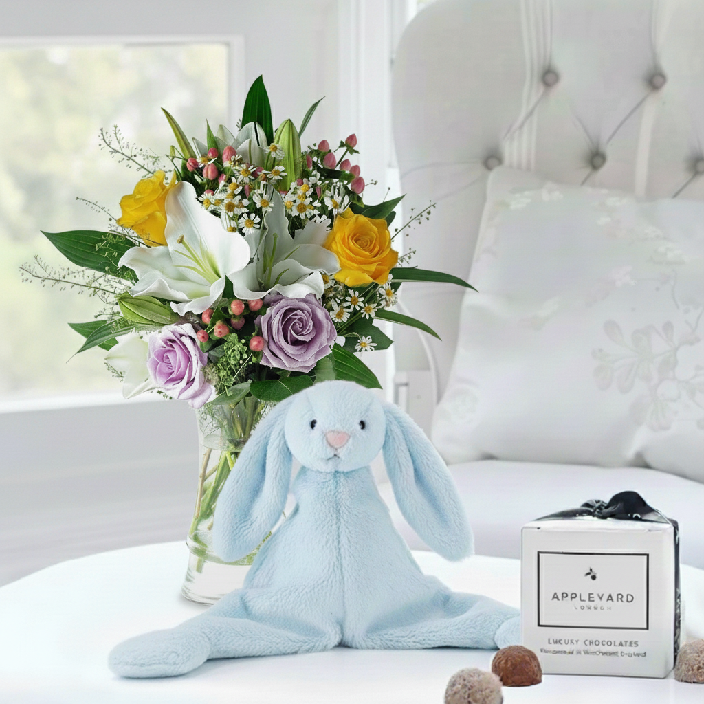 Flower Gift Set - Glaze, Jellycat Blue Bunny Comforter & 6 Appleyard Truffles - Chrysanthemum & Hypericum Berry - Next Day Flower & Gift Delivery UK -