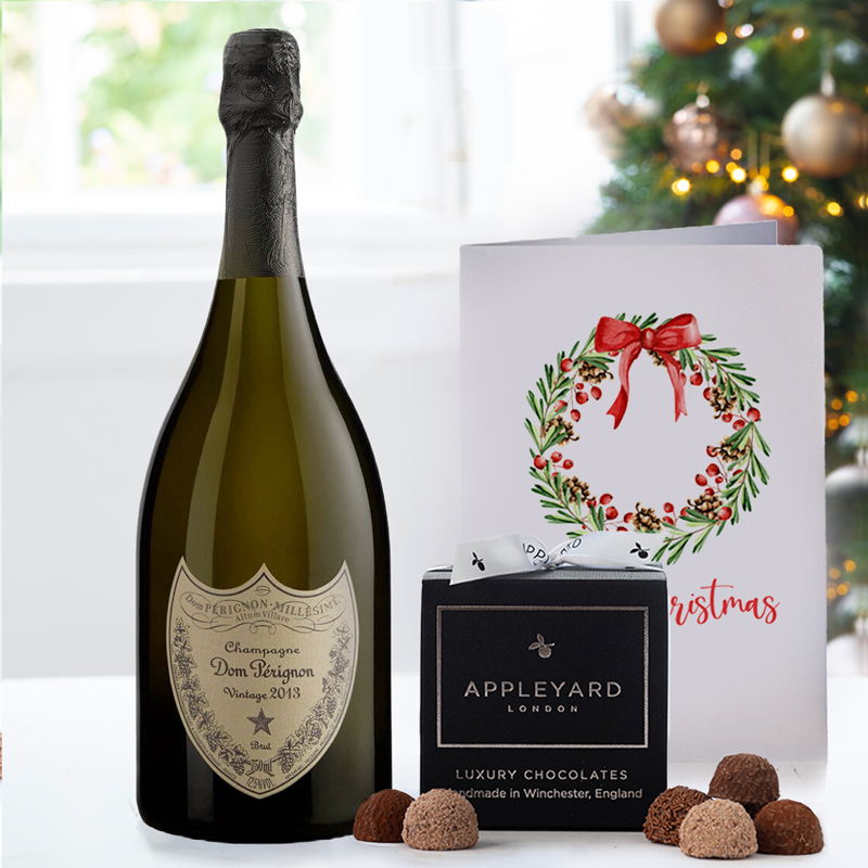 Christmas Dom Perignon 2015 Vintage Champagne, 12 Mixed Truffles & Christmas Card - Hamper - Next Day Hamper Gift Delivery UK - Appleyard London