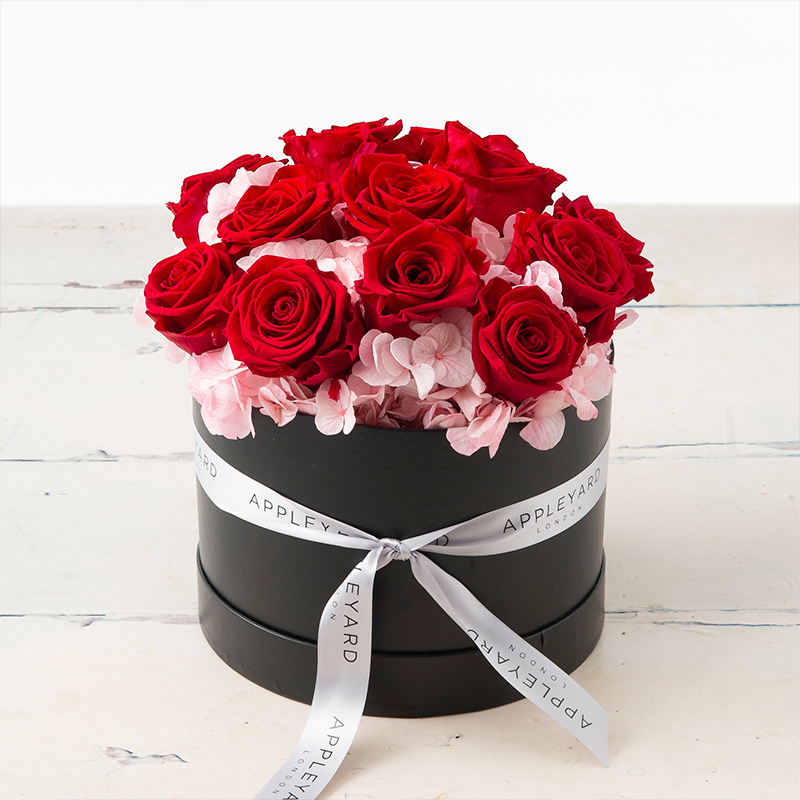 Red Rose & Pink Hydrangea Hatbox (Lasts Up To A Year)