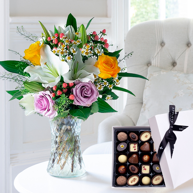 Flowers & Chocolates Gift Set - Glaze & Luxury Chocolates - Green, Lilac, Purple - Hypericum Berry, Oriental Lilies - Next Day Flower & Gift Delivery