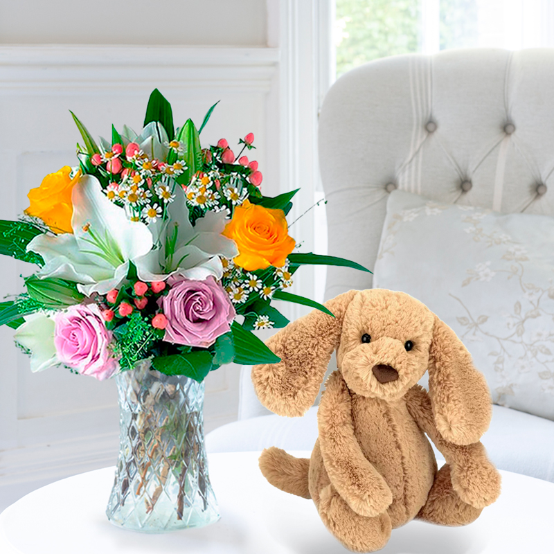 Flower Gift Set - Glaze & Jellycat Bashful Toffee Puppy - Green, Lilac, Purple - Chrysanthemum & Hypericum Berry - Next Day Flower & Gift Delivery UK
