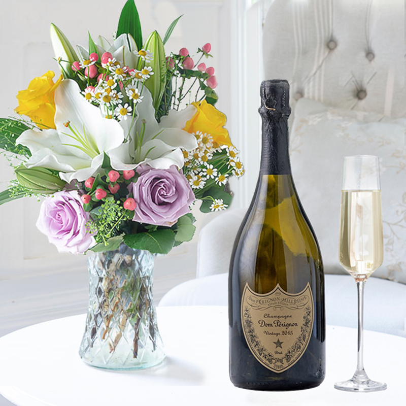 Flowers & Champagne Gift Set - Glaze & Dom Perignon - Green, Lilac, Purple - Chrysanthemum, Hypericum Berry - Next Day Flower & Gift Delivery UK -