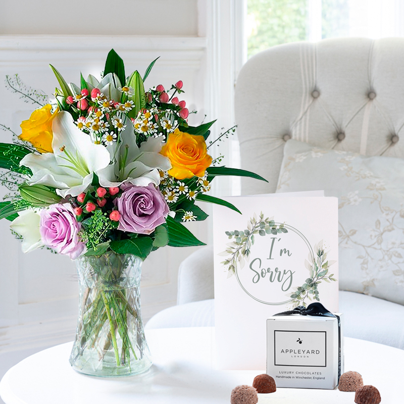 Flowers & Chocolates Gift Set - Glaze - 6 Truffles & I'm Sorry Card - Next Day Flower Delivery UK - Flowers Delivered - Next Day Flower & Gift
