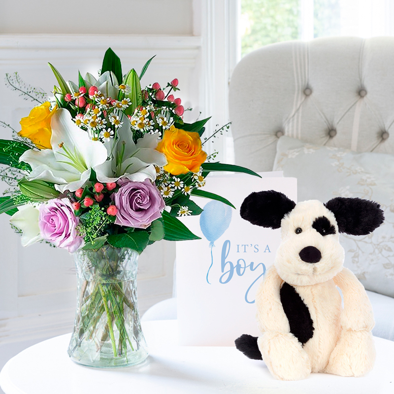 New Baby Flower Gift Set - Glaze, Jellycat Bashful Black & Cream Puppy & Baby Boy Card - Roses - Next Day Flower & Gift Delivery UK - Appleyard London
