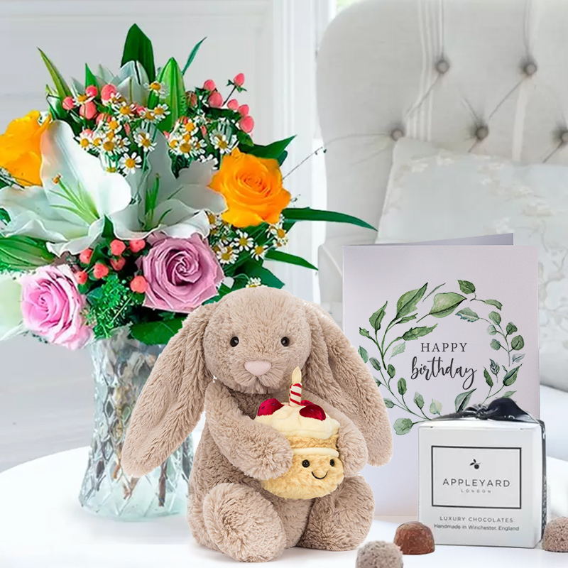 Glaze, Jellycat Birthday Bunny, 6 Appleyard Truffles & Birthday Card | Flowers & Jellycat Gift | Mother's Day Flowers & Gifts Delivery UK | Appleyard