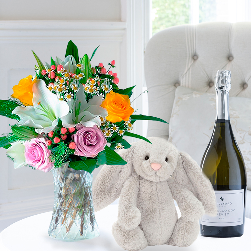 Glaze, Jellycat Silver Bunny & Prosecco | Luxury Hand- Tied Bouquets & Gifts | Fast UK Flower Delivery - Appleyard London