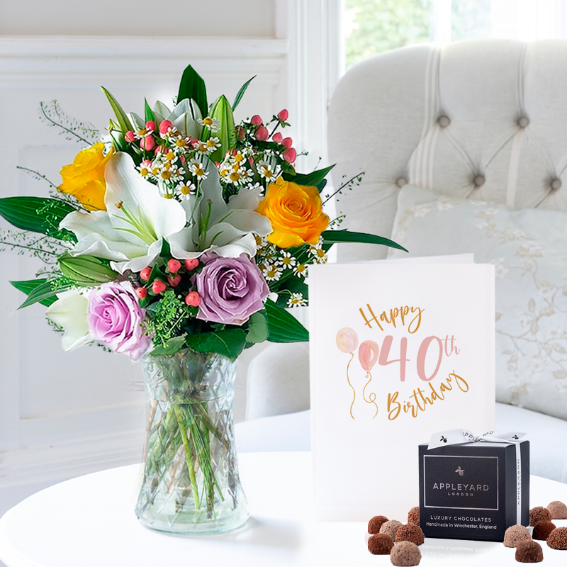 Flower Gift Set - 40th Birthday Gift - Roses & Lilies, Truffles - Next Day Flower & Gift Delivery UK - Appleyard London