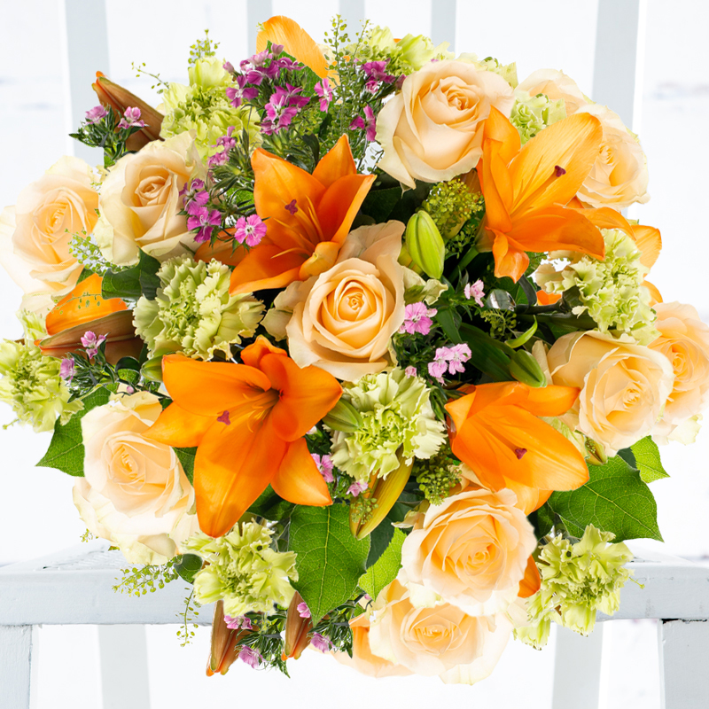 Large Luxury Flower Bouquet - Peach Roses, Orange Lilies & Pink Sweet Williams - Peach Bliss Bouquet - Green, Orange, Pink - Next Day Flower Delivery