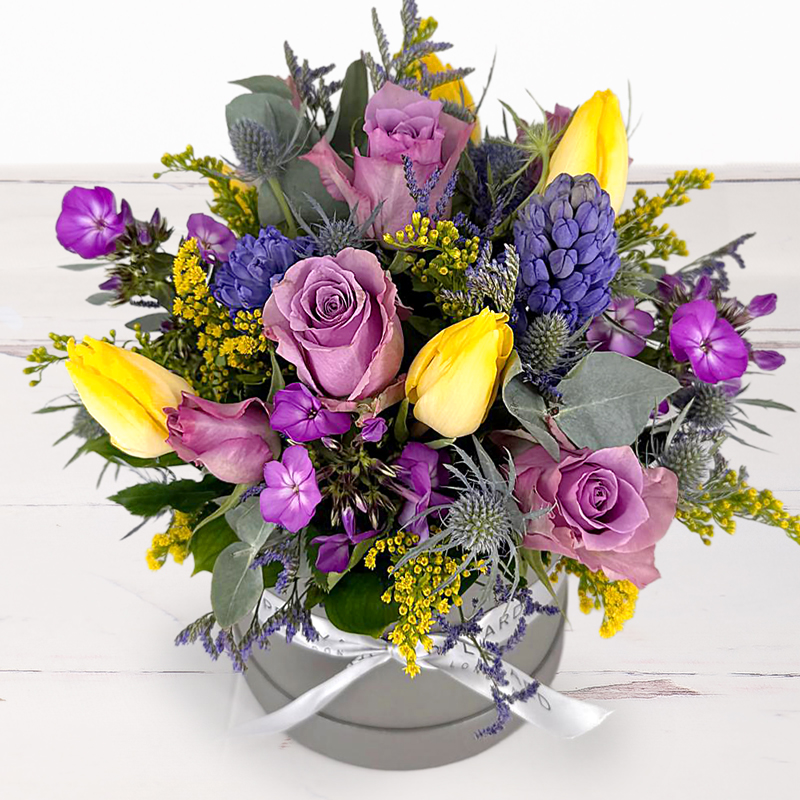 Hyacinth Meadow Hatbox - Lilac - Flower Bouquet - Next Day Flower Delivery UK - Appleyard London